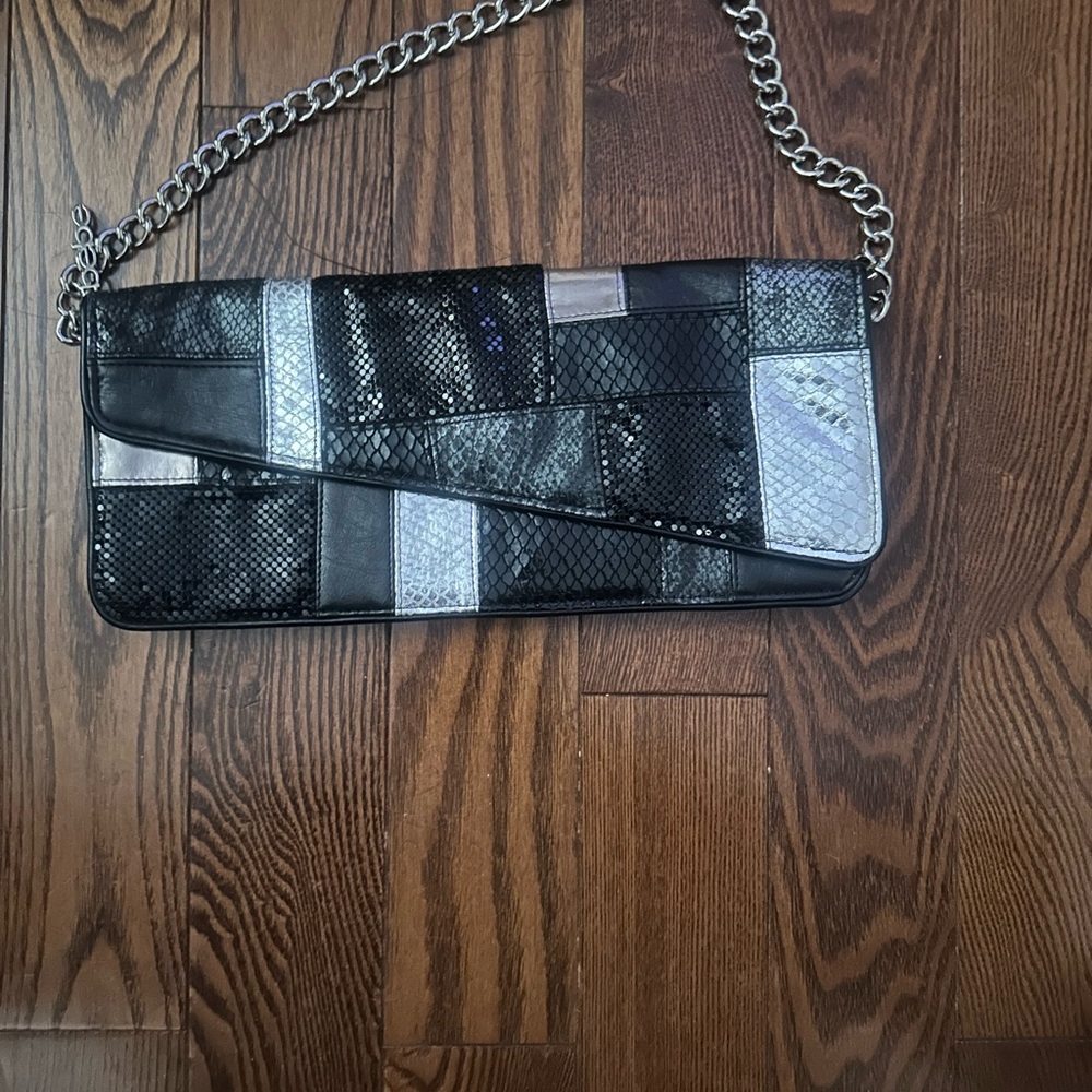 bebe Black and Silver Patchwork Clutch